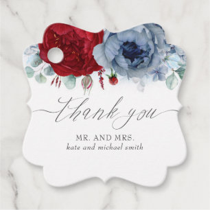 Dusty Blue and Burgundy Flowers Wedding Thank You Favour Tags