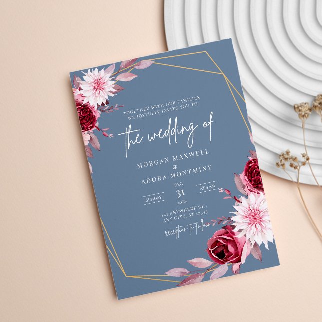 Dusty Blue and Burgundy Gold Geometric Wedding Invitation (Creator Uploaded)