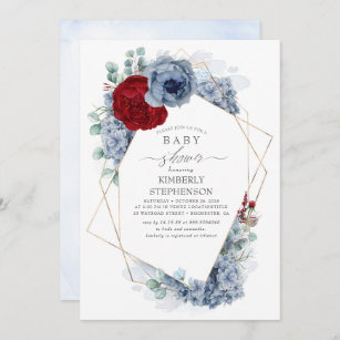 Dusty Blue and Burgundy Red Floral Baby Shower Invitation