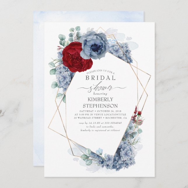 Dusty Blue and Burgundy Red Floral Bridal Shower Invitation (Front/Back)
