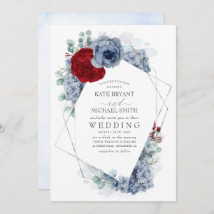 Dusty Blue and Burgundy Red Floral Elegant Wedding Invitation