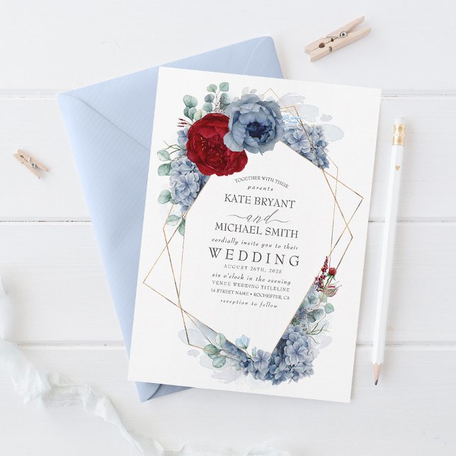 Dusty Blue and Burgundy Red Floral Elegant Wedding Invitation (Creator Uploaded)