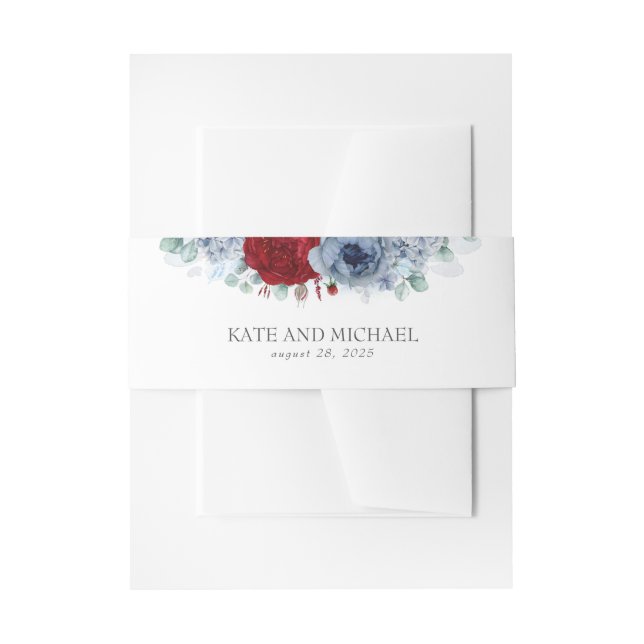 Dusty Blue and Burgundy Red Floral Wedding Invitation Belly Band (Front Example)