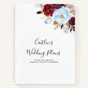 Dusty Blue and Burgundy Red Floral Wedding Plans Notebook