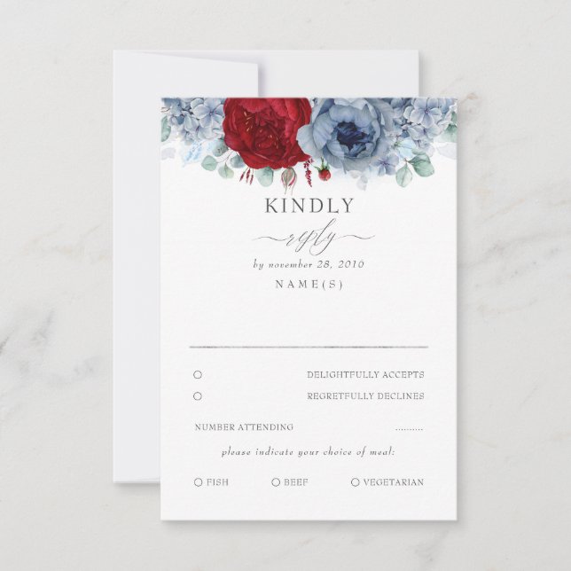 Dusty Blue and Burgundy Red Floral Wedding RSVP (Front)