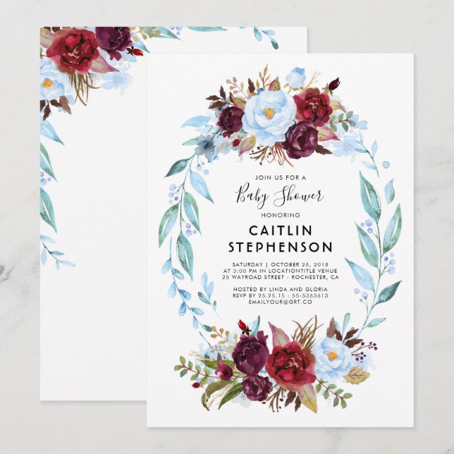 Dusty Blue and Burgundy Red Flowers Baby Shower Invitation (Front/Back)