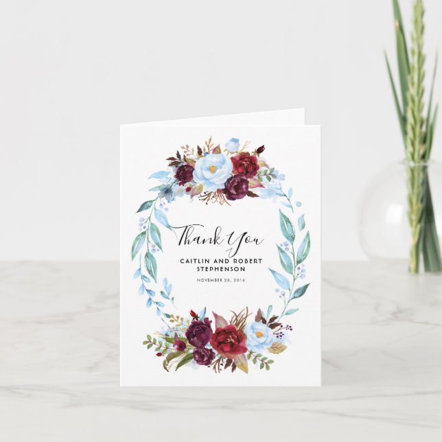 Dusty Blue and Burgundy Red Flowers Thank You Card (Front)