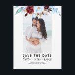 Dusty Blue and Burgundy Red Photo Save the Date Announcement Postcard<br><div class="desc">Summer elegant photo save the date postcards with dusty blue and burgundy florals</div>