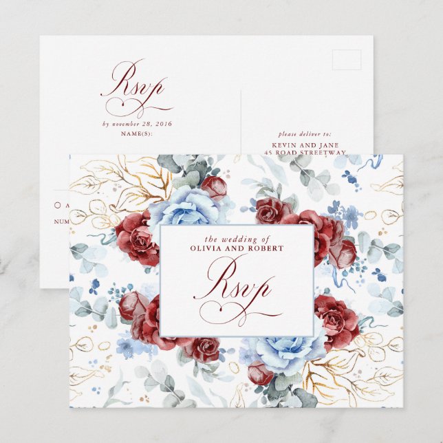 Dusty Blue and Burgundy Red Wedding RSVP Postcard (Front/Back)