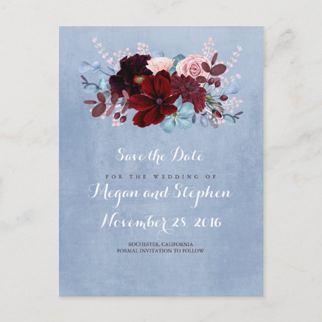 Dusty Blue and Burgundy Save the Date Announcement Postcard (Front)