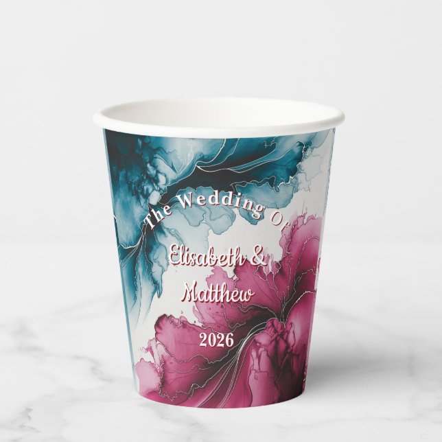 Dusty Blue and Burgundy Swirl Wedding Paper Cups (Front)