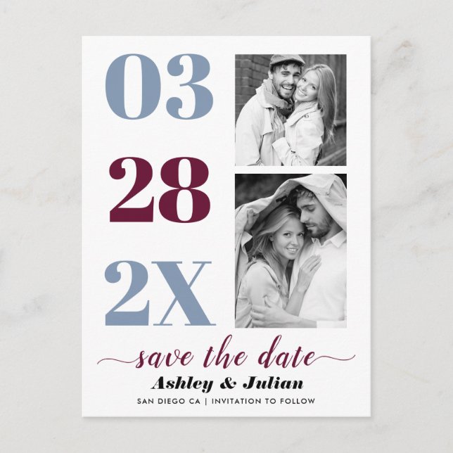 Dusty blue and burgundy two photo Save the Date Postcard (Front)