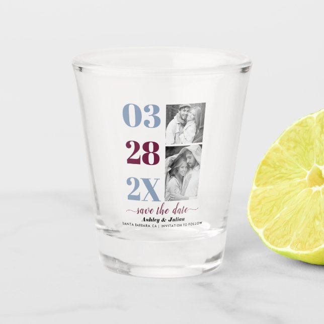 Dusty blue and burgundy two photo Save the Date Shot Glass (Front)