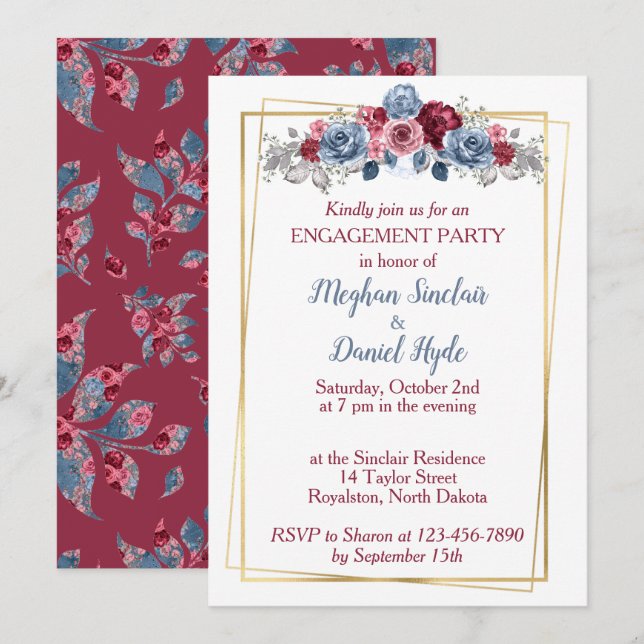Dusty Blue and Burgundy Wedding Engagement Party I Invitation (Front/Back)