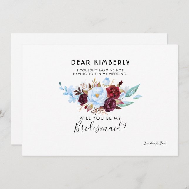 Dusty Blue and Burgundy Will You Be My Bridesmaid Invitation (Front/Back)