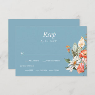 Dusty Blue and Coral Pink Floral Wedding RSVP Card