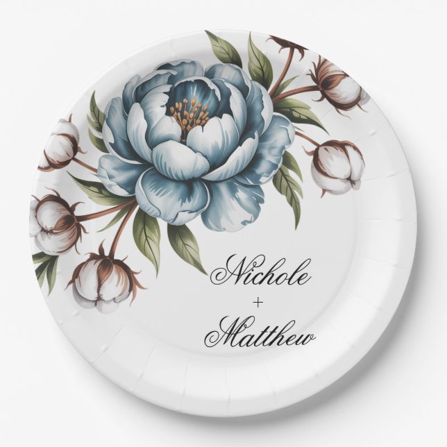 Dusty Blue and Cotton Wedding Paper Plate (Front)