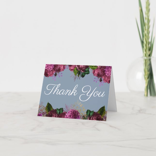 Dusty Blue and Cranberry Burgundy Wedding Thank You Card (Front)