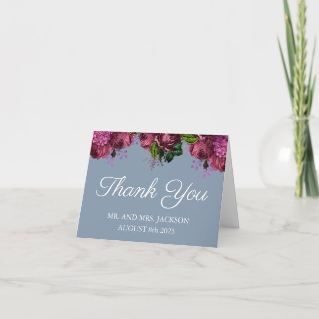 Dusty Blue and Cranberry Burgundy Wedding Thank You Card (Front)