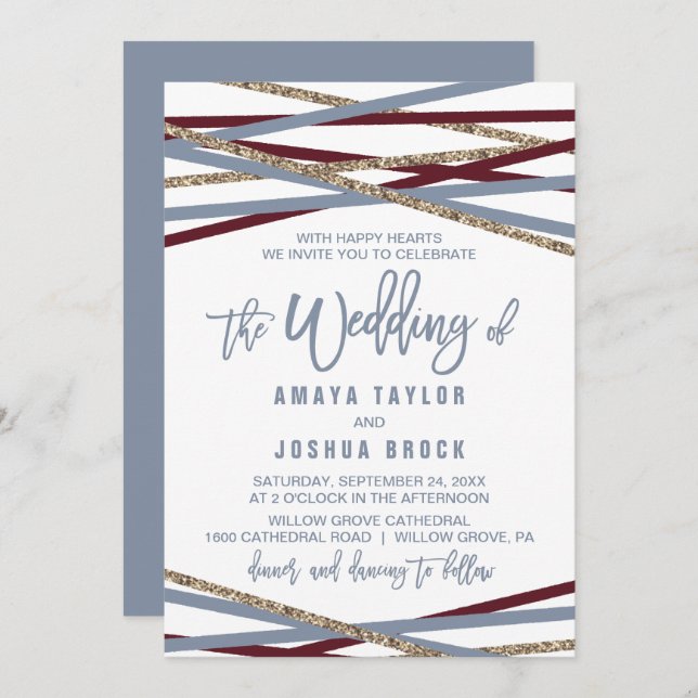 Dusty Blue and Cranberry Streamers The Wedding Of Invitation (Front/Back)