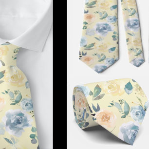 Dusty Blue and Cream Floral Roses Watercolor Neck  Tie