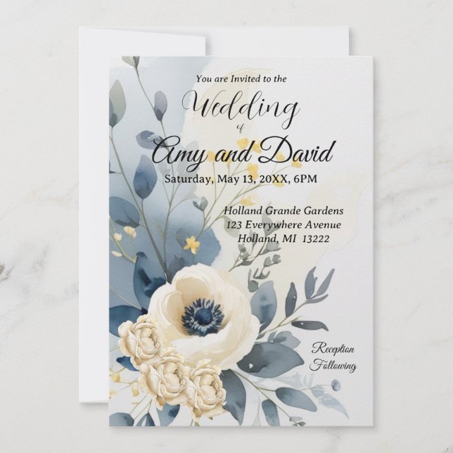 Dusty Blue and cream  Wedding Invitation  (Front)