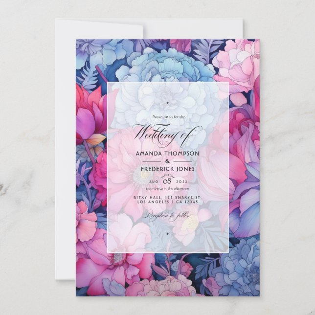 Dusty Blue and Fuchsia Floral Wedding Invitation (Front)