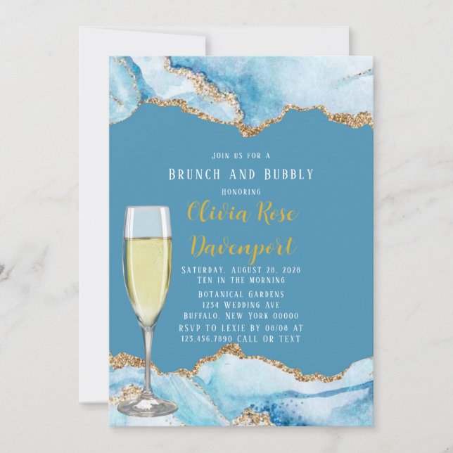 Dusty Blue and Gold Agate Brunch and Bubbly Invitation (Front)