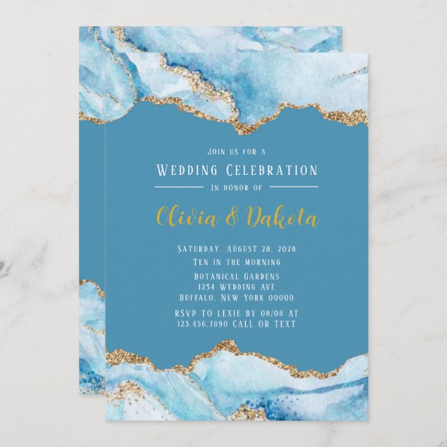 Dusty Blue and Gold Agate Elegant Wedding Invitation (Front/Back)