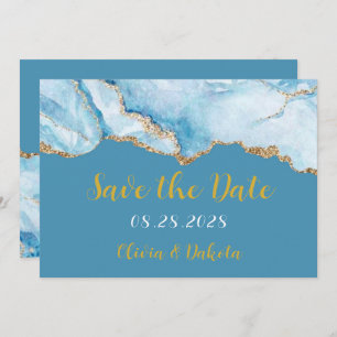 Dusty Blue and Gold Agate Save The Date Cards