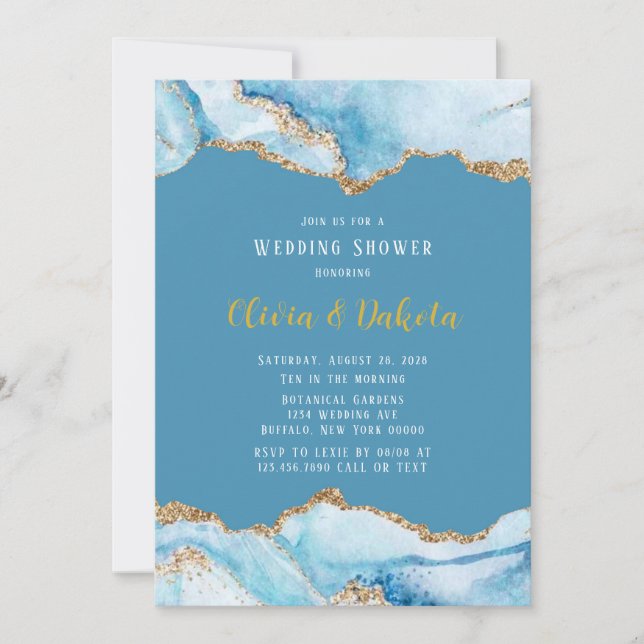 Dusty Blue and Gold Agate Wedding Shower Invitation (Front)