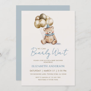 Dusty Blue and Gold Bearly Wait Bear Baby Shower Invitation