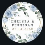 Dusty Blue and Gold Elegant Floral Rustic Wedding Classic Round Sticker<br><div class="desc">Design (inside) features an elegant geometric gold coloured (printed) frame decorated in watercolor roses, peonies, hydrangea, baby's breath and more over various types of greenery branches and leaves. The dusty blue is designed to feature various shades of the colour within the flowers to match the variety of shades of this...</div>