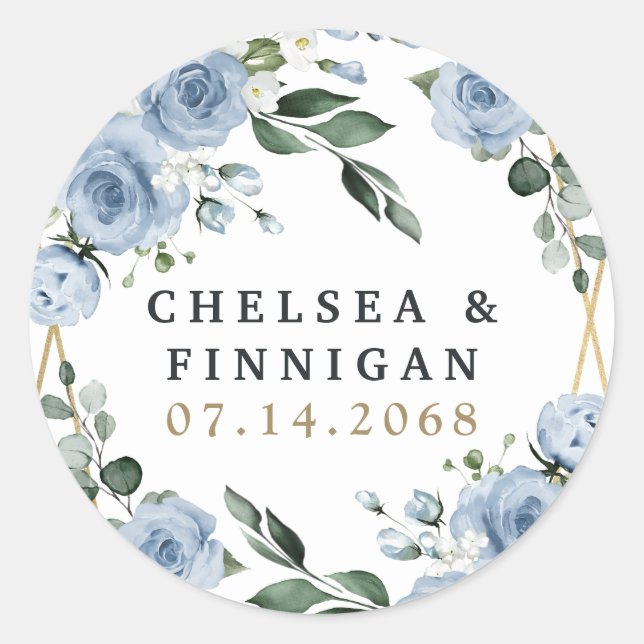 Dusty Blue and Gold Elegant Floral Rustic Wedding Classic Round Sticker (Front)