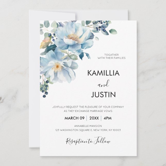 Dusty Blue and Gold Elegant Floral Rustic Wedding  Invitation (Front)