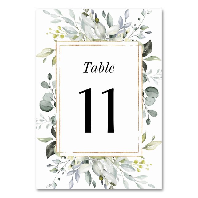Dusty Blue and Gold Elegant Rustic Floral Wedding Table Number (Front)