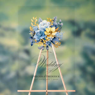 Dusty Blue and Gold Floral Elegant Wedding Welcome Acrylic Sign
