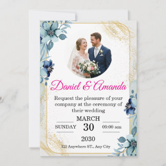 Dusty Blue and Gold Floral Photo Wedding Invitatio Invitation