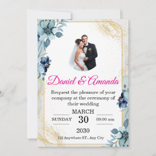 Dusty Blue and Gold Floral Photo Wedding Invitatio Invitation