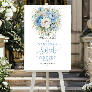 Dusty Blue and Gold Floral Sweet 16 Welcome Sign