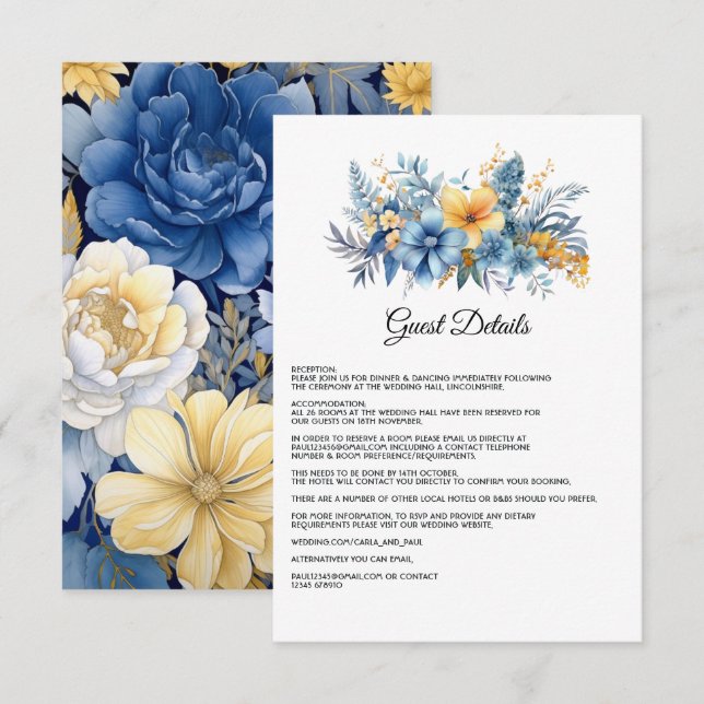 Dusty Blue and Gold Floral Wedding Guest Details Enclosure Card (Front/Back)