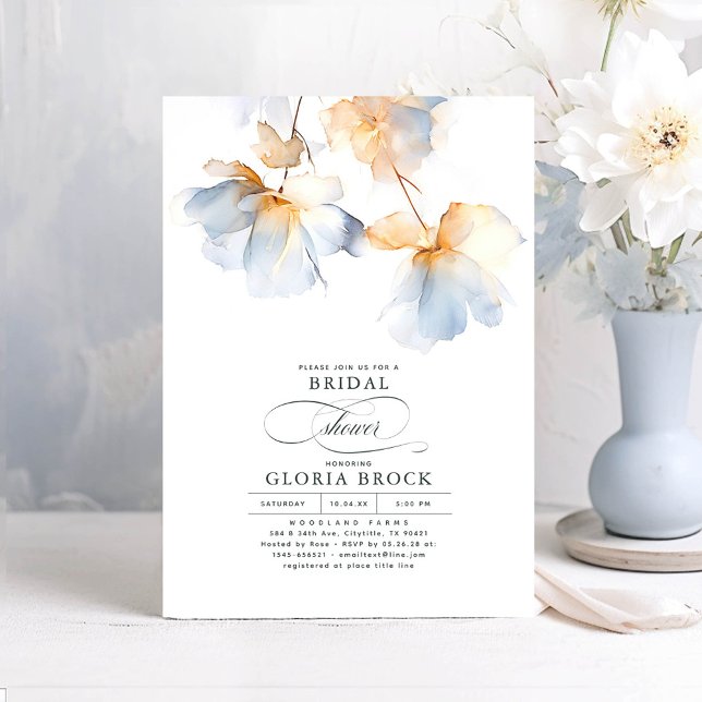 Dusty Blue and Gold Flowers Modern Bridal Shower Invitation (Dusty Blue Bridal Shower Invitations)