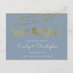 Dusty Blue and Gold Foil Save the Date Announcement Postcard