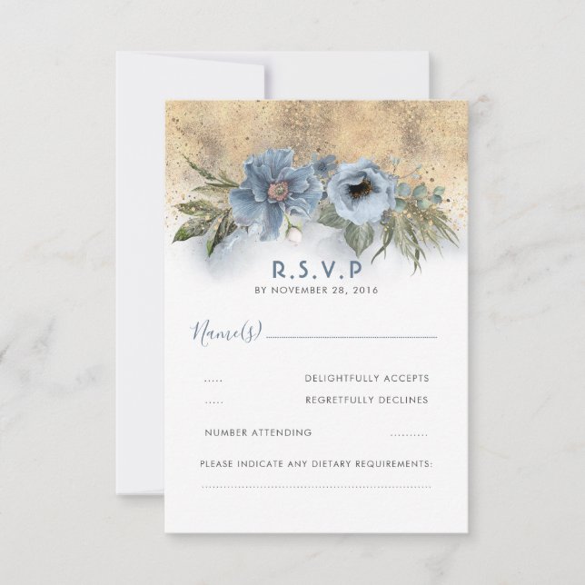 Dusty Blue and Gold Glitter Boho Wedding RSVP Card (Front)