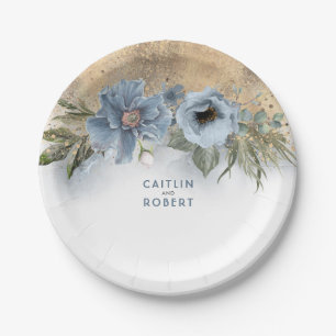 Dusty Blue and Gold Glitter Elegant Modern Paper Plate