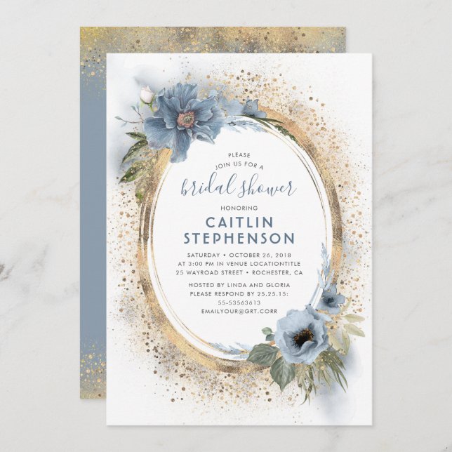Dusty Blue and Gold Glitter Floral Bridal Shower Invitation (Front/Back)