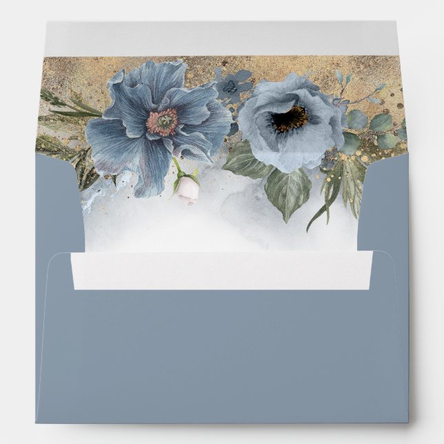 Dusty Blue and Gold Glitter Floral Modern Envelope (Back (Bottom))