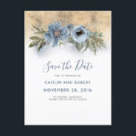 Dusty Blue and Gold Glitter Floral Save the Date Announcement Postcard<br><div class="desc">Gold glitter and dusty blue flowers romantic save the date postcards</div>
