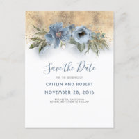 Dusty Blue and Gold Glitter Floral Save the Date