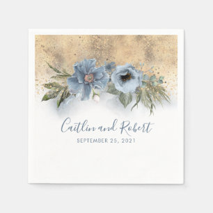 Dusty Blue and Gold Glitter Romantic Wedding Napkin